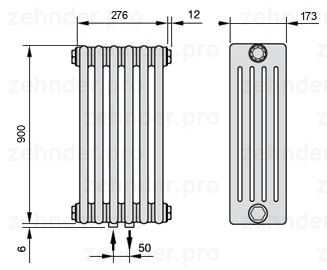 Схема (чертеж) Радиатор Zehnder Charleston 5090/6 №3470 Белый глянцевый RAL 9016